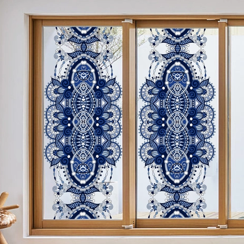 Elegant Blauw En Wit Mandala Patroon Venstersticker Etnische Stijl Decoratieve Glasfolie Voor Thuis En Kantoor Privacy Decoratie