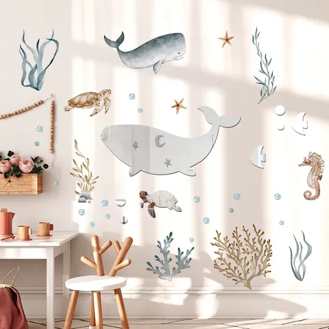 Marine Life Mirror Wall Sticker Set Whale Turtle Seahorse Watercolor Decorative Decals For Kids Room Bedroom Home Decor