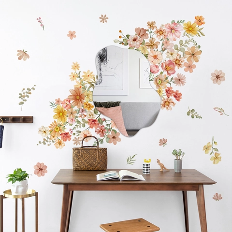 Ensemble de Stickers Muraux Fleurs Aquarelle Colorées Avec Miroir Vague Irrégulier Miroir Acrylique PVC Pour Décoration