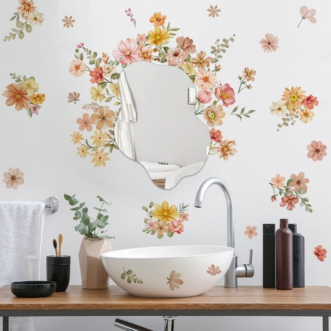 Ensemble de Stickers Muraux Fleurs Aquarelle Colorées Avec Miroir Vague Irrégulier Miroir Acrylique PVC Pour Décoration