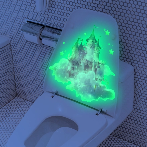 Lichtgevende Toilet Sticker Roze Kasteel Dromerig Fluorescerend Zelfklevend Badkamer Muursticker PVC Decoratie