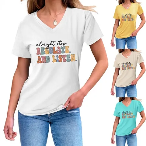 Maglietta Da Donna In Misto Cotone Scollo A V Maniche Corte Stampa Lettere Nodo Casual Top