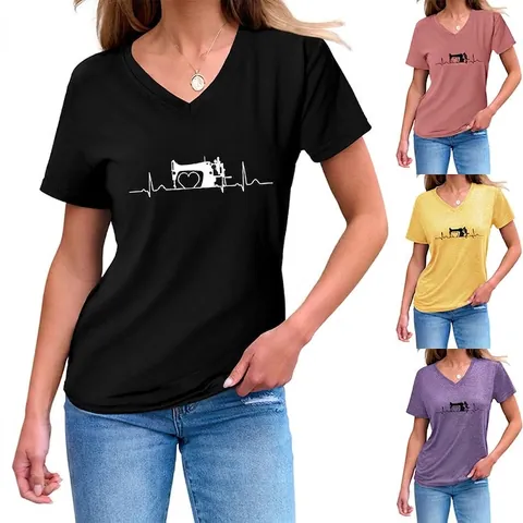 T-Shirt A Maniche Corte Con Scollo A V Da Donna In Misto Cotone Stampa Creativa Macchina Da Cucire Battito Cardiaco