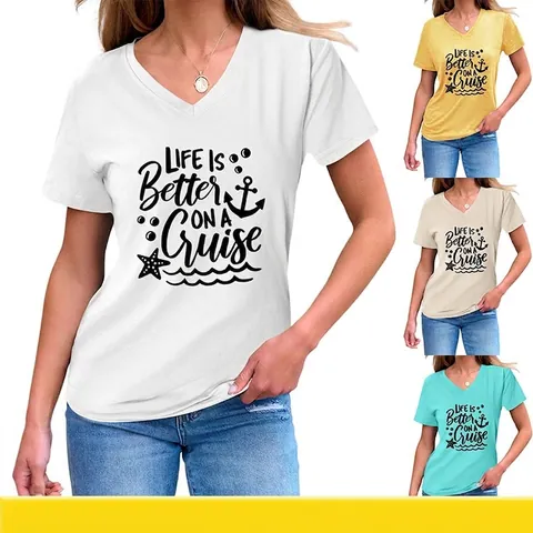 T-Shirt Da Donna Con Scollo A V Misto Cotone Manica Corta Life Is Better On A Cruise Stampa Nodo Laterale Casual