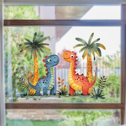 Stickers Fenêtre Dinosaure Dessin Animé PVC Double Face Décalcomanies Verre Aquarelle Palmier Décor Chambre Enfant