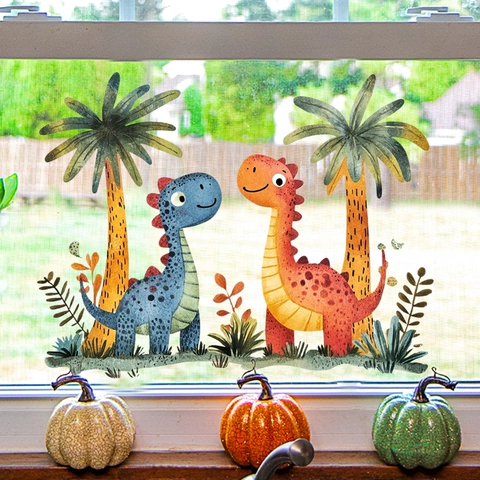 Stickers Fenêtre Dinosaure Dessin Animé PVC Double Face Décalcomanies Verre Aquarelle Palmier Décor Chambre Enfant
