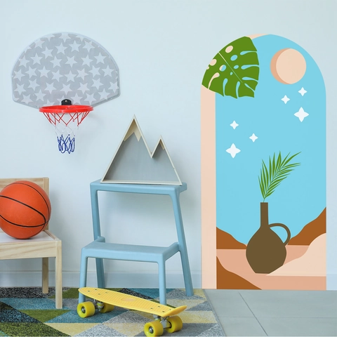 Sticker Mural Moderne en Arche PVC Autocollant Plante Feuille de Monstera Vase Décalcomanie pour Salon Chambre d'Enfant