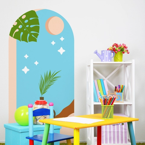 Sticker Mural Moderne en Arche PVC Autocollant Plante Feuille de Monstera Vase Décalcomanie pour Salon Chambre d'Enfant