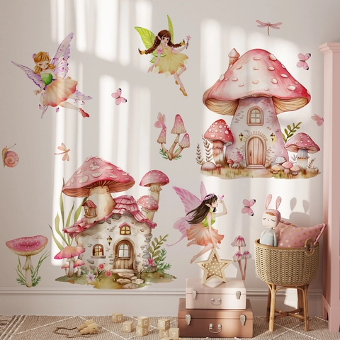 Pegatinas De Pared Acuarela Hada Casa De Hongos Para Cuarto Niños Dormitorio PVC Removible Dibujos Animados Elfo Mariposa Decoración