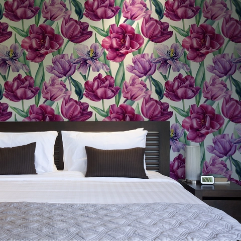 Aquarel Paarse Tulp Muurstickers Zelfklevend Behang Bloemen Muurschildering Voor Slaapkamer Woonkamer Moderne Woondecoratie