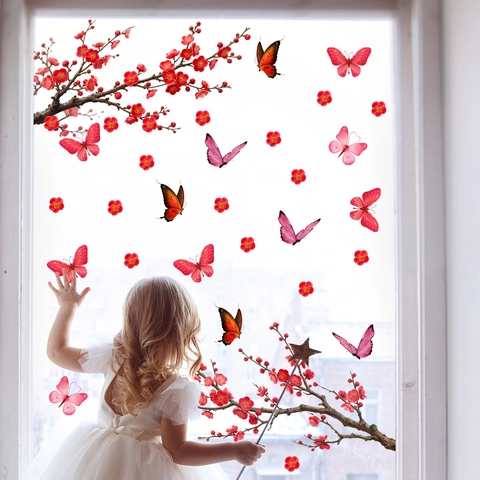 Red Plum Blossom And Butterfly PVC Window Sticker Double Sided Visible Glass Wall Decal For Home Kitchen Bathroom Decor