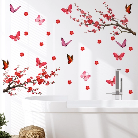 Red Plum Blossom And Butterfly PVC Window Sticker Double Sided Visible Glass Wall Decal For Home Kitchen Bathroom Decor