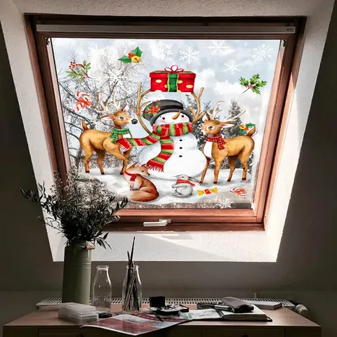 Christmas Window Stickers Double Sided PVC Static Cling Snowman Reindeer Snowflake For Glass Door Holiday Decoration