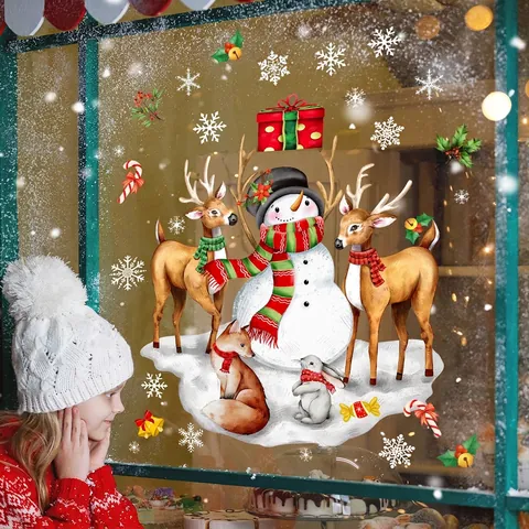 Christmas Window Stickers Double Sided PVC Static Cling Snowman Reindeer Snowflake For Glass Door Holiday Decoration