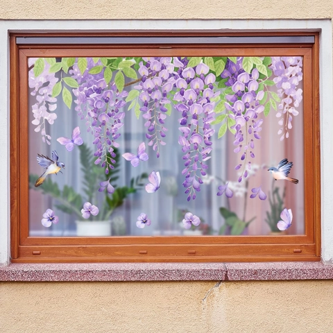 Purple Wisteria Flower Window Stickers Static Cling Butterfly Bird Wall Decals Watercolor Glass Decor Double Sided