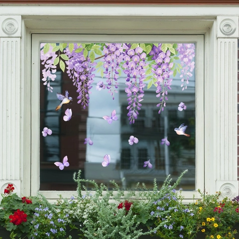 Purple Wisteria Flower Window Stickers Static Cling Butterfly Bird Wall Decals Watercolor Glass Decor Double Sided