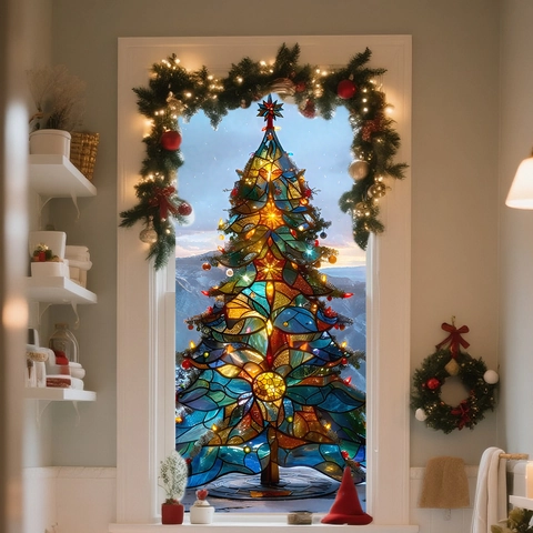 Kerstboom Raamsticker Glas In Lood Stijl PVC Statisch Kleurrijke Festival Decoratie Voor Woonkamer