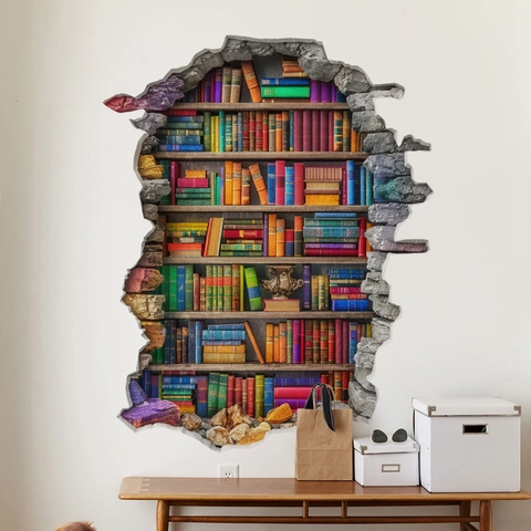 Adesivo Murale 3D Effetto Muro Rotto Libreria Libri Colorati Decalcomania Autoadesiva PVC Per Studio Soggiorno Decor