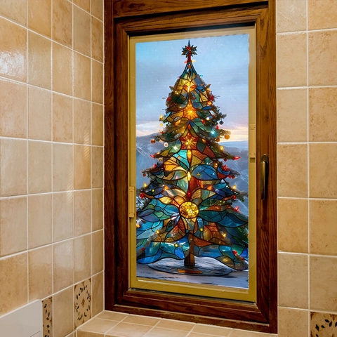 Kerstboom Raamsticker Glas In Lood Stijl PVC Statisch Kleurrijke Festival Decoratie Voor Woonkamer