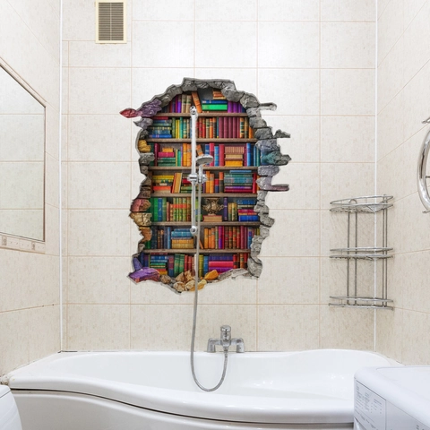 Adesivo Murale 3D Effetto Muro Rotto Libreria Libri Colorati Decalcomania Autoadesiva PVC Per Studio Soggiorno Decor