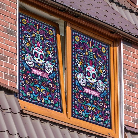 Dia De Los Muertos Sugar Skull Window Cling Static PVC Film Colorful Floral Mexican Day Of The Dead Decoration Double Sided