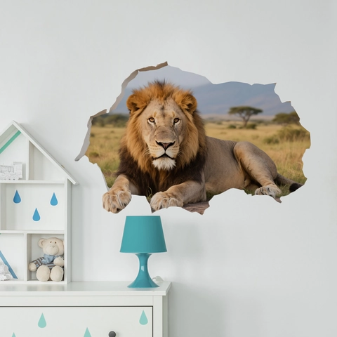 Sticker Mural Lion Réaliste Effet Mur Brisé PVC Autocollant Imperméable Amovible Décoration Créative Salon Chambre