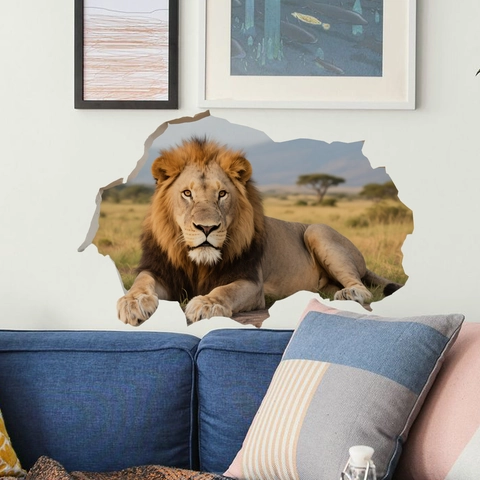 Sticker Mural Lion Réaliste Effet Mur Brisé PVC Autocollant Imperméable Amovible Décoration Créative Salon Chambre