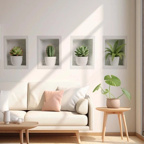 Pegatinas de Pared 3D Plantas en Maceta Suculentas Cactus Moderno PVC Autoadhesivo Manos Coloridas Arco Dorado Decoración Hogar
