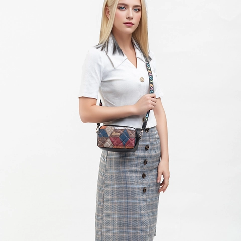 Patchwork Color Block Crossbody Tas Voor Dames PU Leer Camera Tas Met Brede Letterprint Schouderriem Gouden Hardware