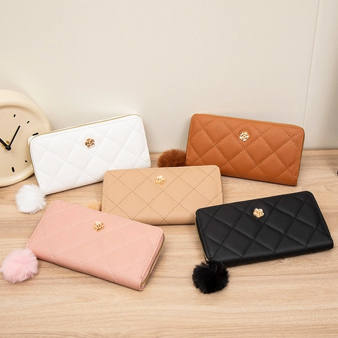 Women Quilted Rhombus Long Wallet PU Leather Large Capacity Zip Purse With Gold Floral Hardware And Pom Pom Pendant