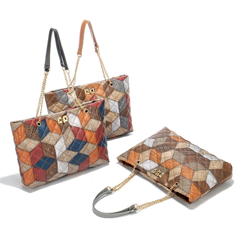 Geometric Patchwork Women Shoulder Bag Contrast Color PU Leather Quilted Rhombus Large Capacity Tote Metal Lock Casual