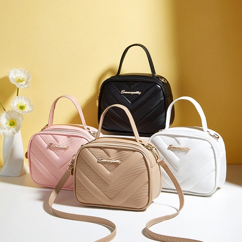 Women Small Square Crossbody Bag PU Leather V-Quilted Design Top Handle Stylish Handbag Trendy Shoulder Purse