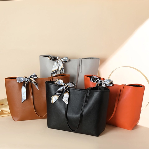 Damen Große Kapazität Tote Bag PU Leder Lychee Muster Umhängetasche Mit Seidentuch Schleife Urban Minimalistische Handtasche