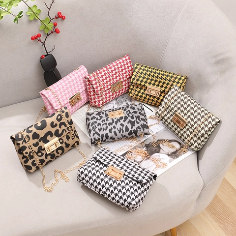 Vintage Houndstooth Chain Shoulder Bag For Women PU Fabric Leopard Print Small Square Crossbody Bag With Metal Lock Fashion Handbag