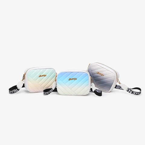 Women Gradient PU Leather Crossbody Bag Fashion Chevron Quilted Camera Bag With Adjustable Wide Letter Web Strap Casual