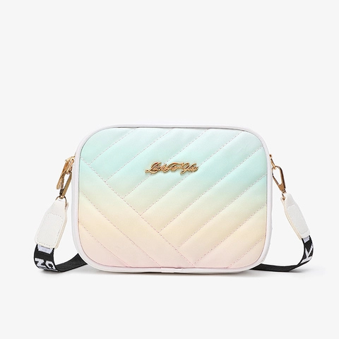 Women Gradient PU Leather Crossbody Bag Fashion Chevron Quilted Camera Bag With Adjustable Wide Letter Web Strap Casual