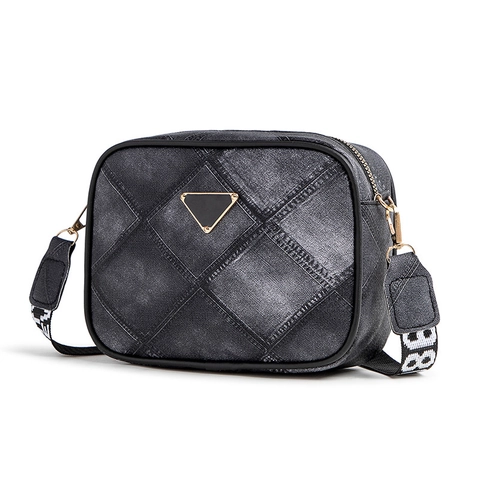 Damen Casual Denim Textur PU Leder Umhängetasche Rauten Gesteppt Kleine Quadratische Schultertasche Mit Breitem Buchstaben Gurt