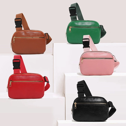 Women Litchi Grain PU Leather Chest Bag Minimalist Waist Pack With Adjustable Strap Metal Zipper Small Crossbody Bag