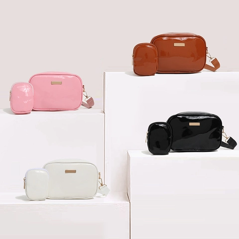 Women Shiny Patent PU Leather Crossbody Bag With Mini Round Pouch Wide Strap Small Square Camera Bag Fashion Two In One Shoulder Bag