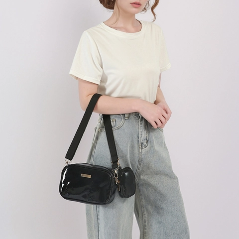 Women Shiny Patent PU Leather Crossbody Bag With Mini Round Pouch Wide Strap Small Square Camera Bag Fashion Two In One Shoulder Bag
