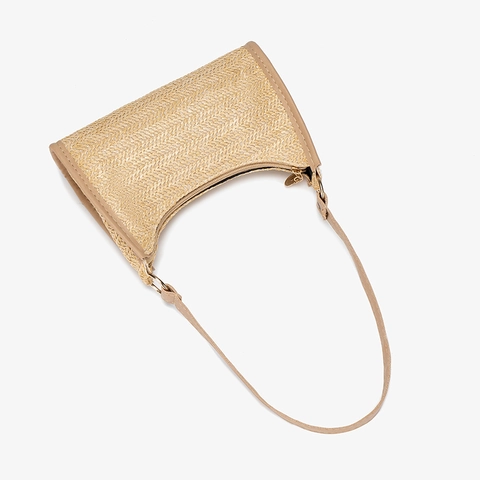 Women Straw Woven Underarm Bag PU Leather Trim Half Moon Shoulder Handbag Summer Beach Bohemian Style Zip Closure