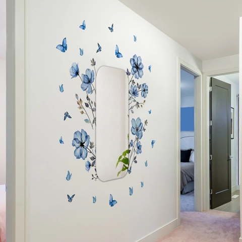 Blue Floral Butterfly Wall Stickers Mirror Surface Decorative Decals Watercolor Hand Painted Style For Home Bedroom Living Room