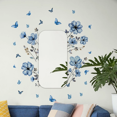 Blue Floral Butterfly Wall Stickers Mirror Surface Decorative Decals Watercolor Hand Painted Style For Home Bedroom Living Room
