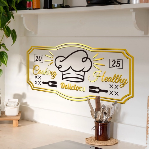 Kitchen Wall Sticker Chef Hat Pattern Bronzing Gold English Letters Decal Self Adhesive Waterproof Modern Decor