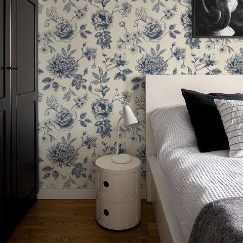Vintage Blauwe Bloemen Muursticker Zelfklevend Behang Voor Slaapkamer Woonkamer Meubelrenovatie Modern Elegant