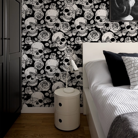 Dark Gothic Skull Rose Wallpaper Self Adhesive Wall Sticker For Bedroom Halloween Party Background Decor Home Art