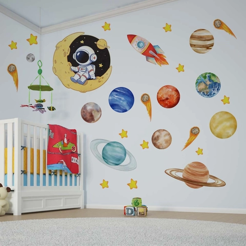 Autocollants Muraux Espace Astronaute Stickers PVC Imperméables Dessin Animé Planète Fusée Aquarelle Pour Chambre Enfant