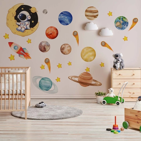 Autocollants Muraux Espace Astronaute Stickers PVC Imperméables Dessin Animé Planète Fusée Aquarelle Pour Chambre Enfant