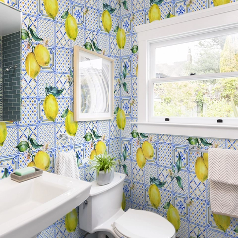 Mediterranean Lemon Pattern Blue Tile Print Self Adhesive Wall Film For Kitchen Bathroom Living Room Furniture Surface Home Decoration