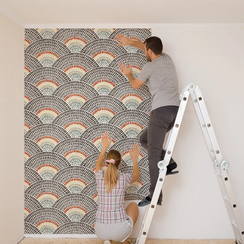 Retro Fan Geometric Pattern Wall Sticker Self Adhesive Removable Wallpaper For Living Room Bedroom Bathroom Background Decor